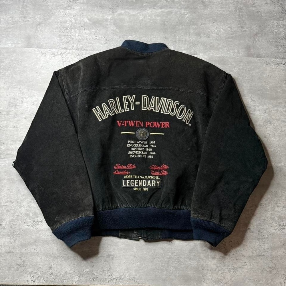 Y2K Vintage 90s Relaxed Harley-Davidson V-Twin Faded Black Canvas Bomber Jacket